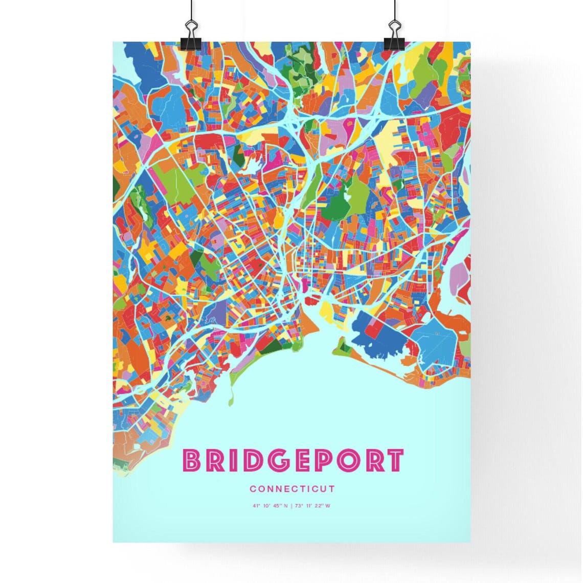 Bridgeport Connecticut Crazy Colorful Mosaic City Map Art Poster - Image 3