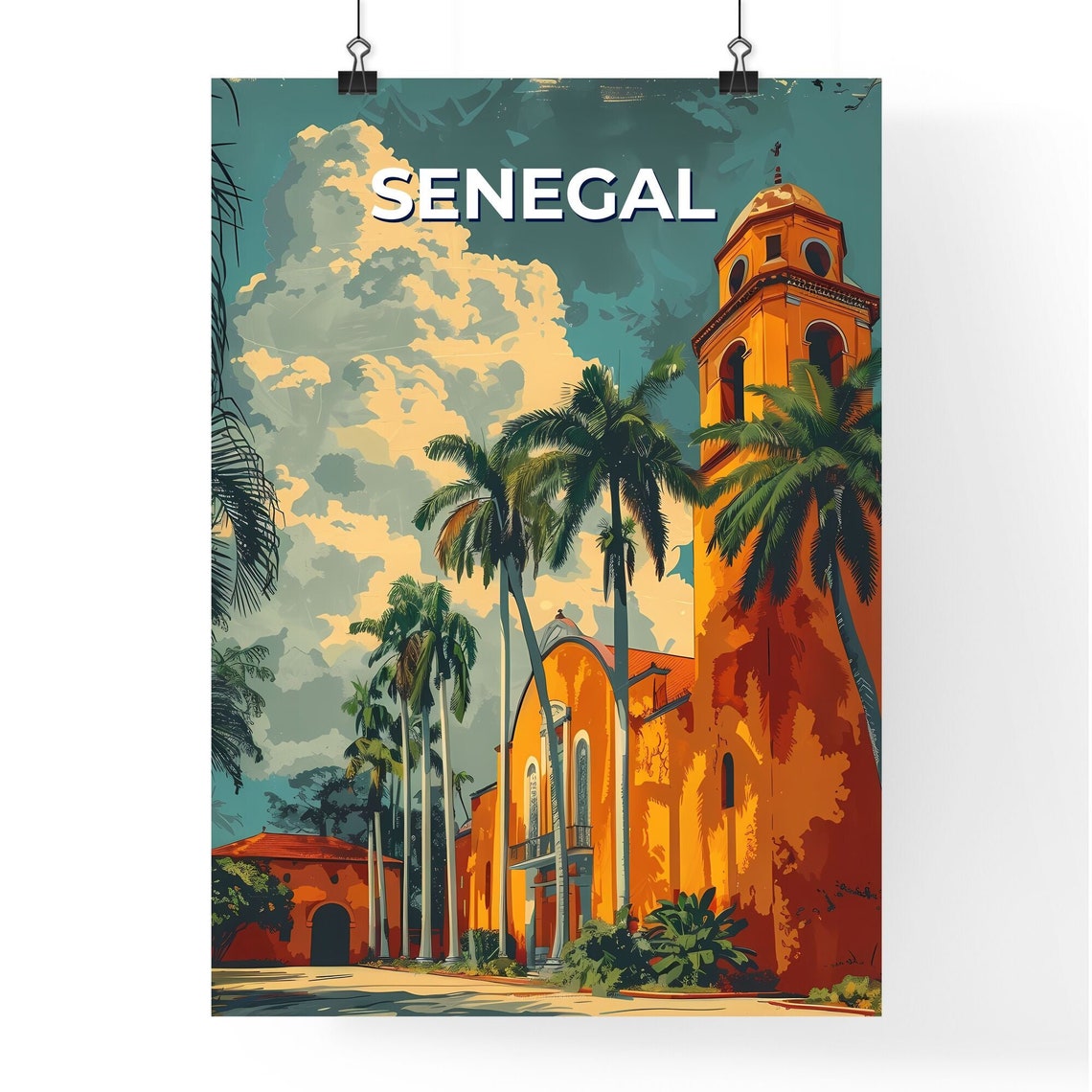 Senegal Orange Colonial Church Palm Trees Vintage Style Poster - Image 4