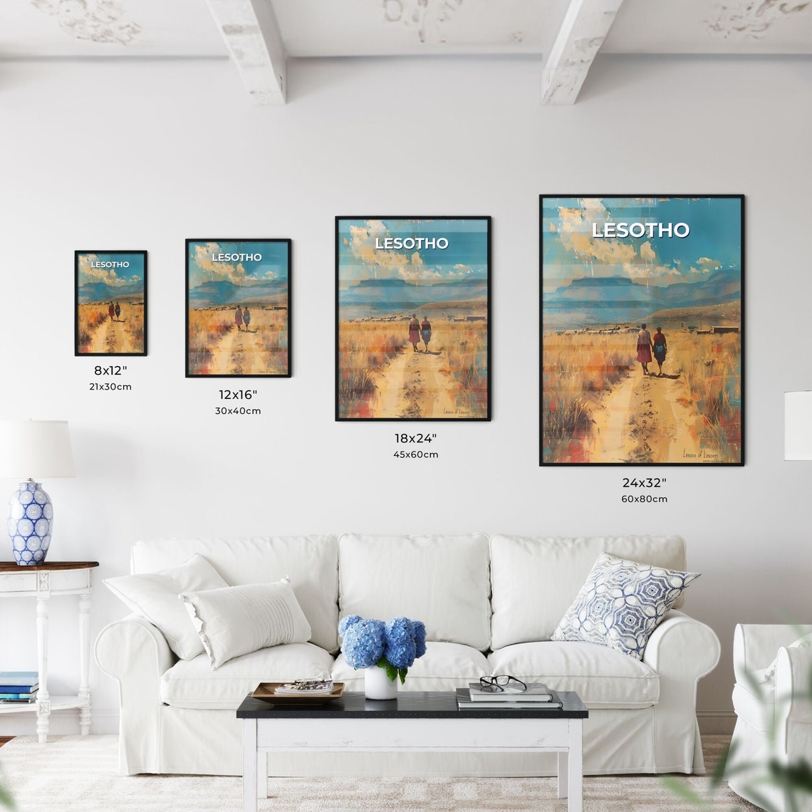 Lesotho Africa Vibrant Painting Walking Path Tall Grass Mountains Travel Destinations Customizable - Image 3