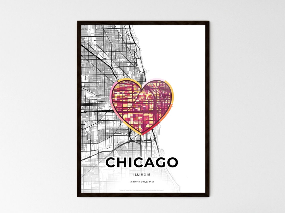 Chicago Illinois Minimal Map Art With Colorful Heart Icon Poster