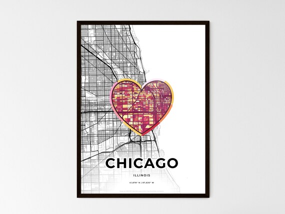 Chicago Illinois Minimal Map Art With Colorful Heart Icon Poster