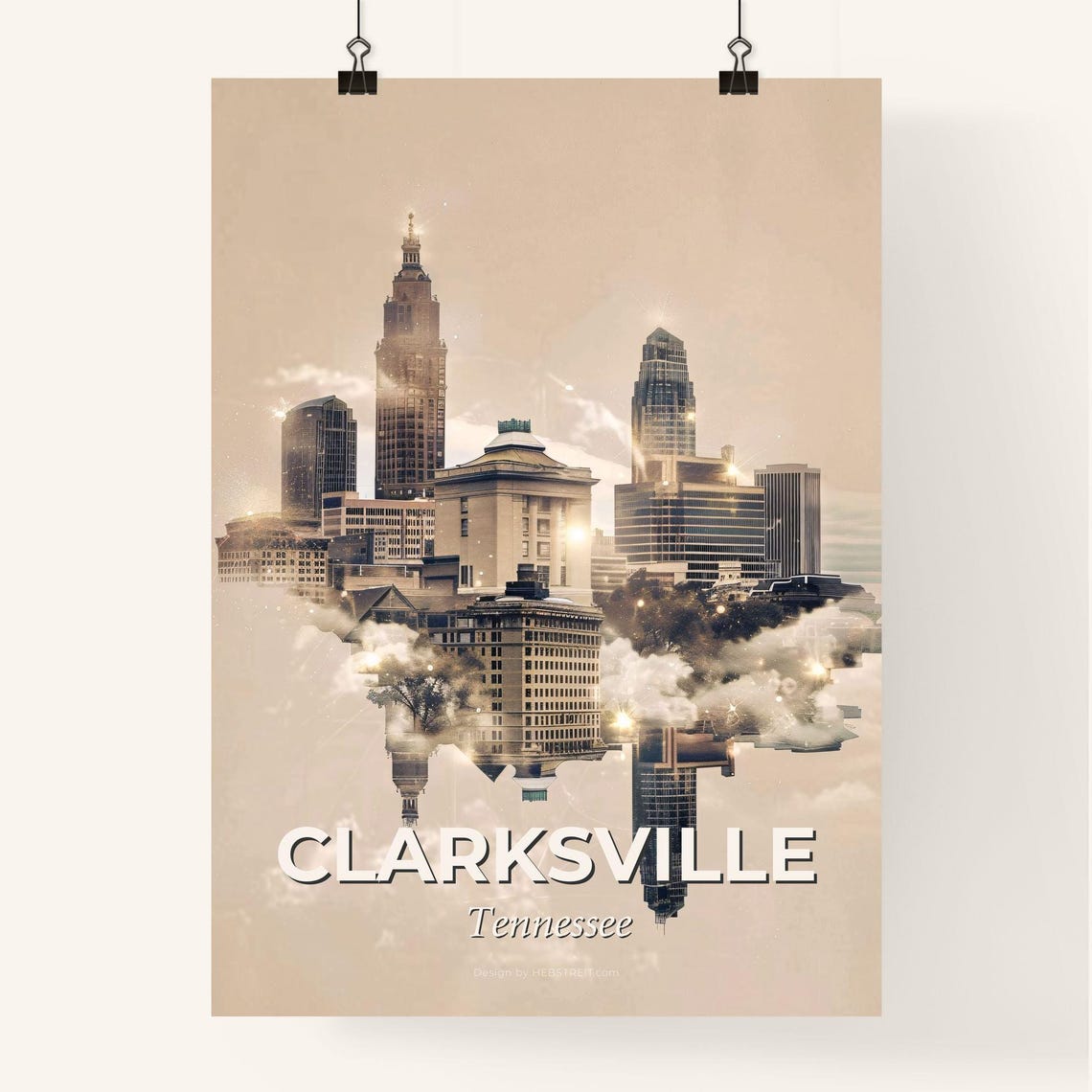 Clarksville Tennessee Floating Skyline Cloud Mirror Art Poster - Image 4