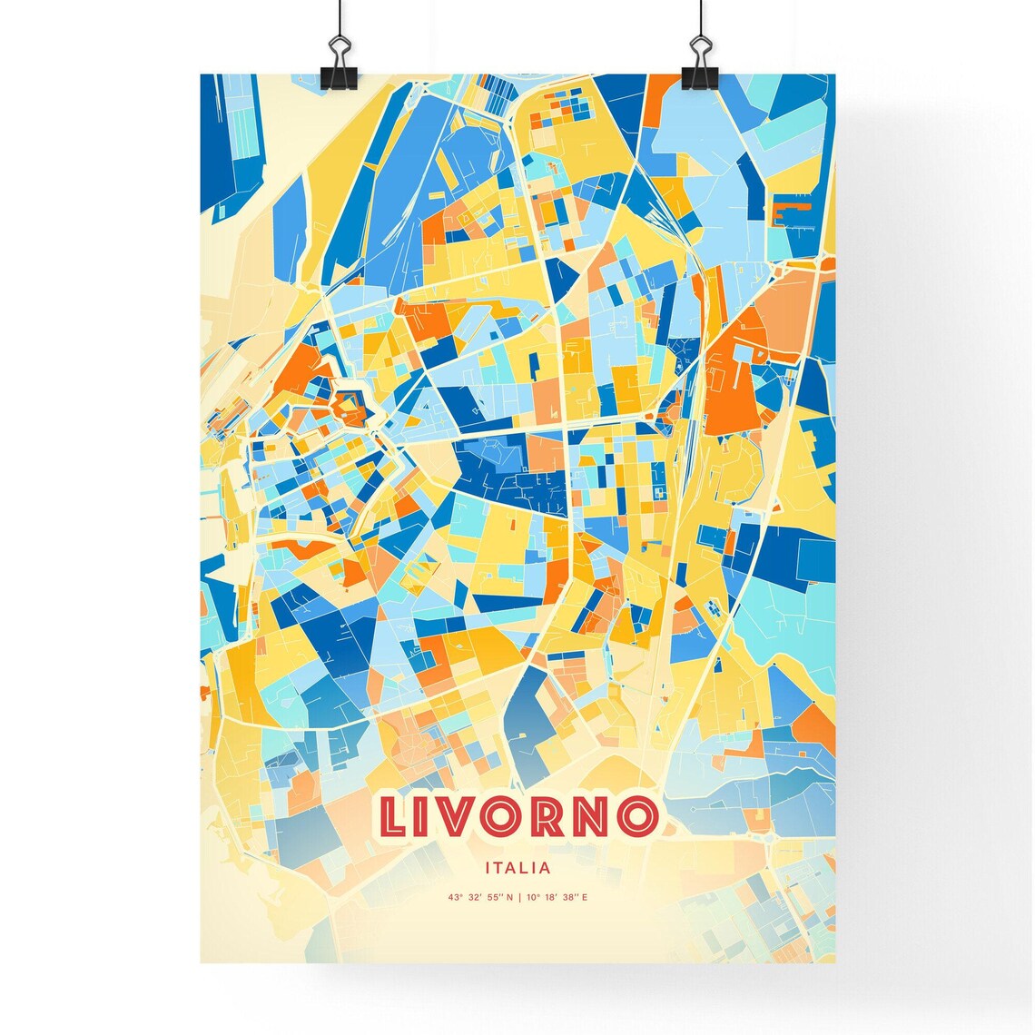 Modern Blue and Orange City Street Map Art Poster of Livorno Italy - Image 3