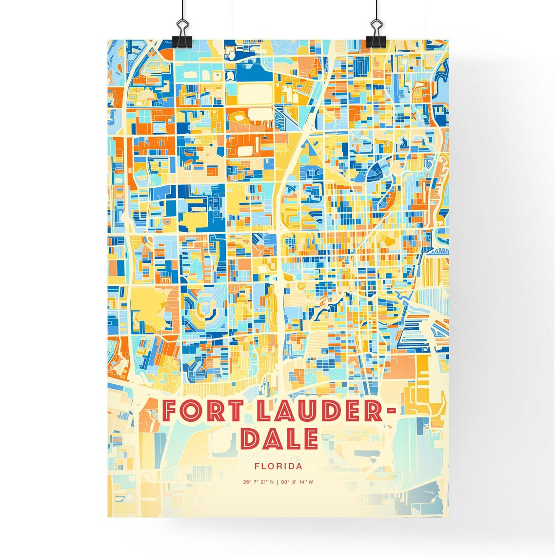 Fort Lauderdale Florida Vibrant Modern Blue Orange City Map Poster - Image 3