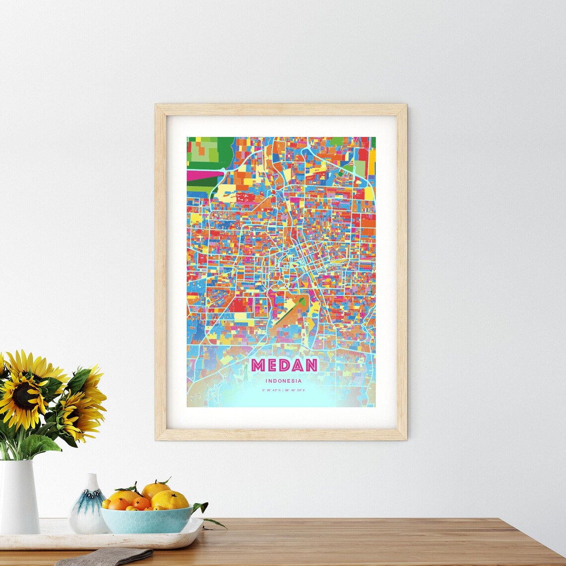 Medan Indonesia Vibrant Crazy Colorful Mosaic City Map Poster - Image 2