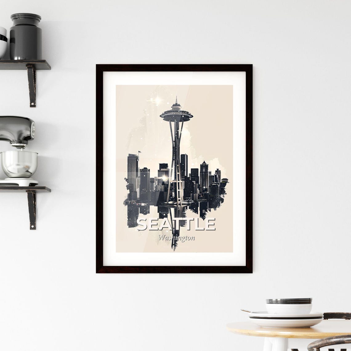 Seattle Washington Space Needle Monochrome Skyline Art Poster - Image 2