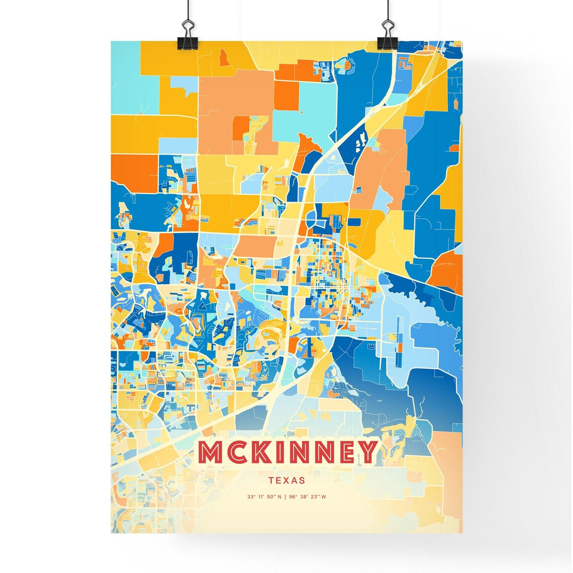 McKinney Texas Colorful Blue and Orange City Street Map Art Poster - Image 3