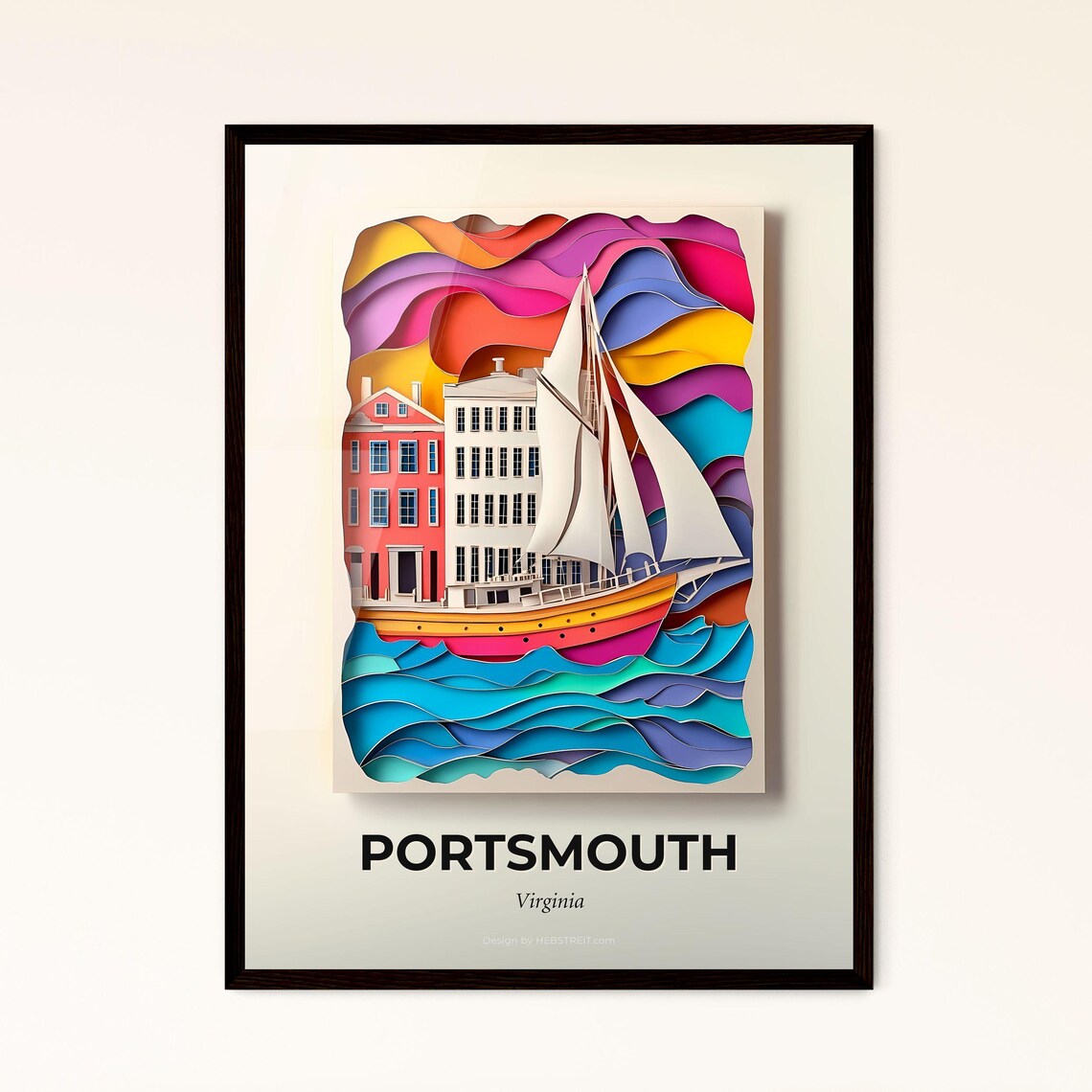 Portsmouth Virginia Sailing Ship Harbor Paper Cut Art Poster