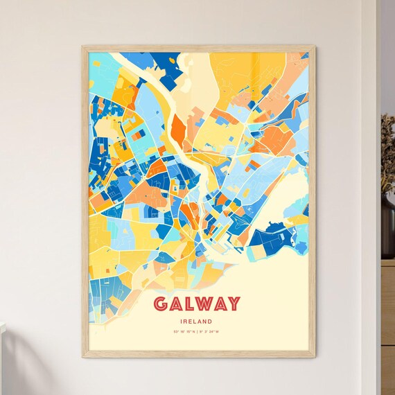 Galway Ireland Vibrant Stylized Blue and Orange City Map Poster