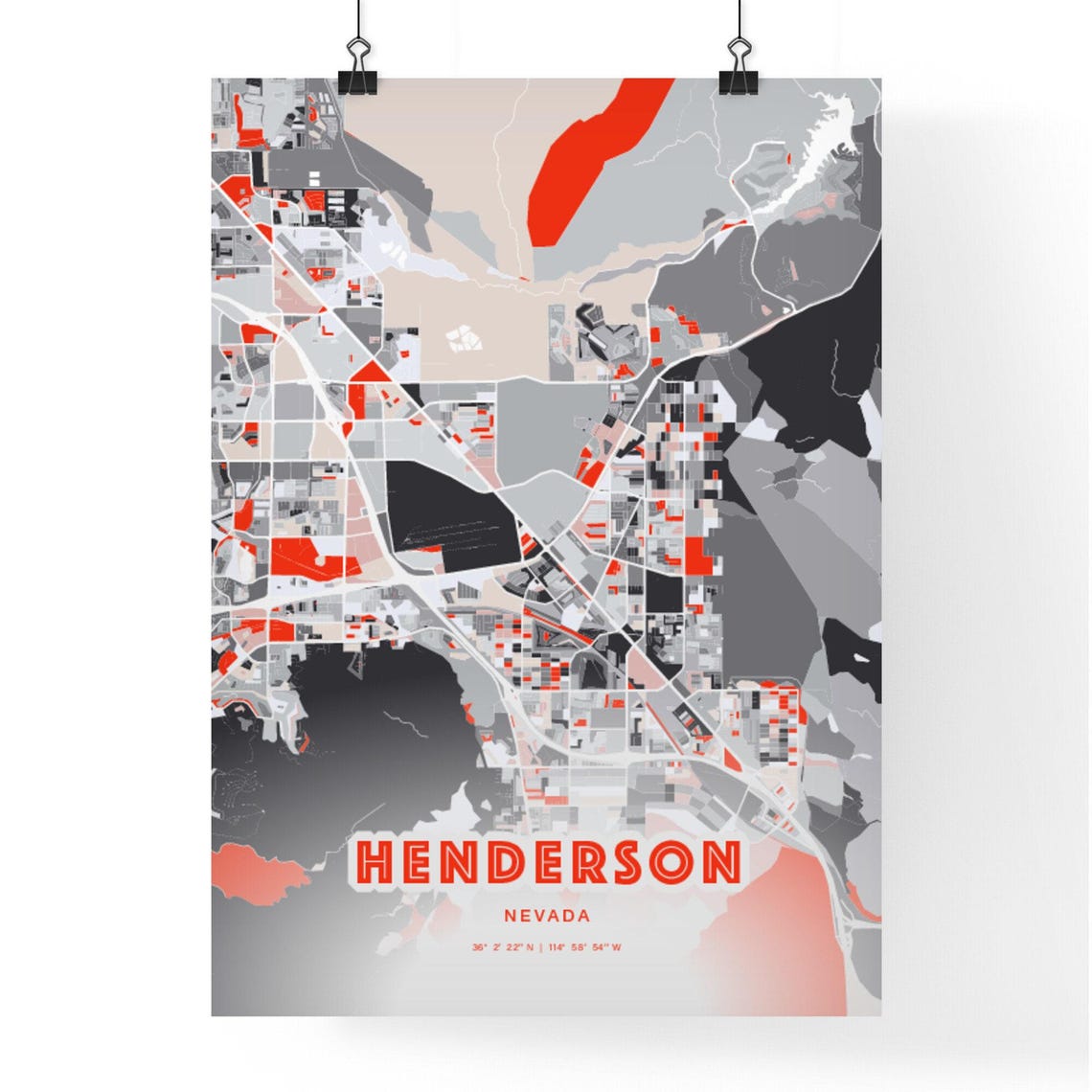 Henderson Nevada Modern Expressive Red Gray City Map Art Poster - Image 3