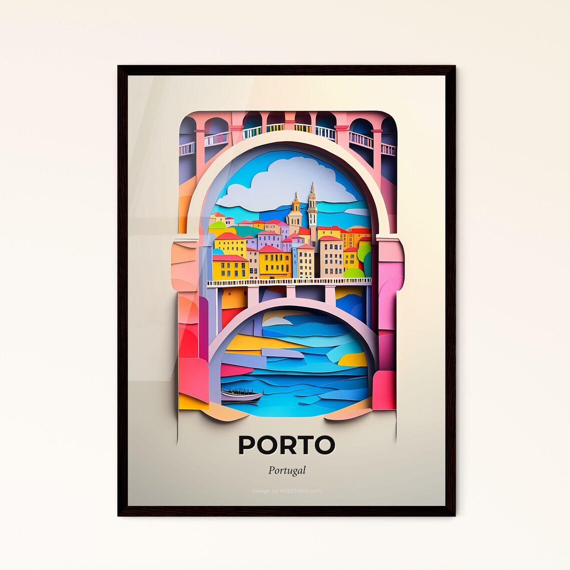Porto Portugal Riverside Bridge Colorful Paper Cut Art Poster