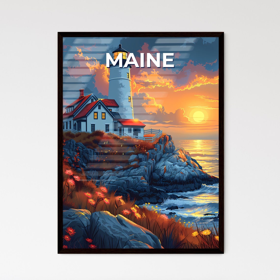 Maine White Lighthouse Rocky Coast Sunset Ocean Travel Poster