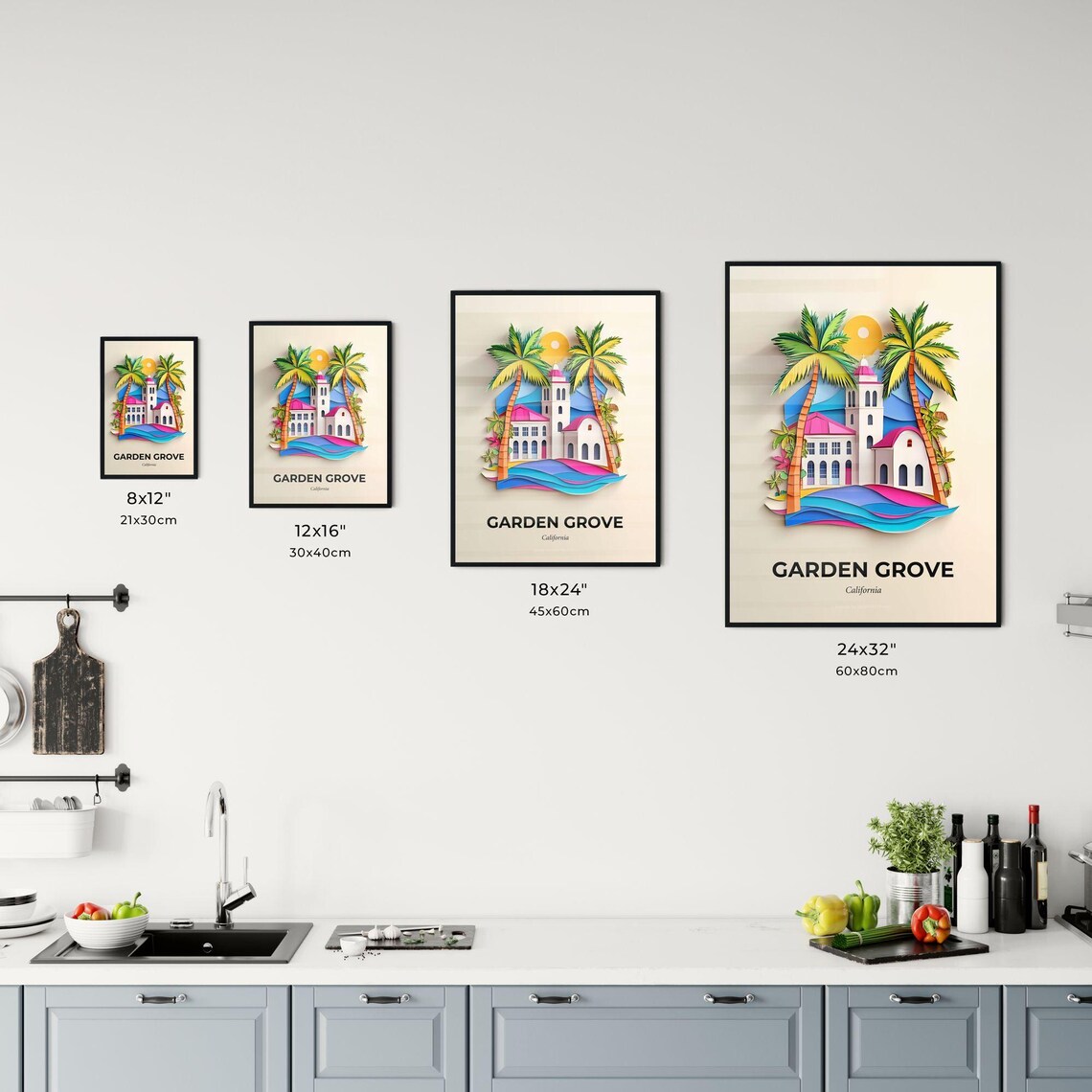 Garden Grove California Mission Church Palms Paper Cut Art Poster - Image 3