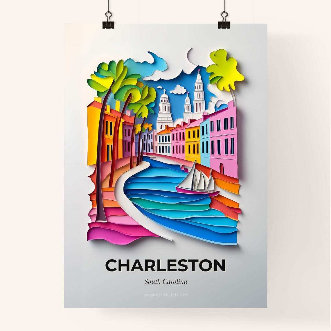 Charleston South Carolina Colorful Paper Cut Sailboat Poster - Image 4