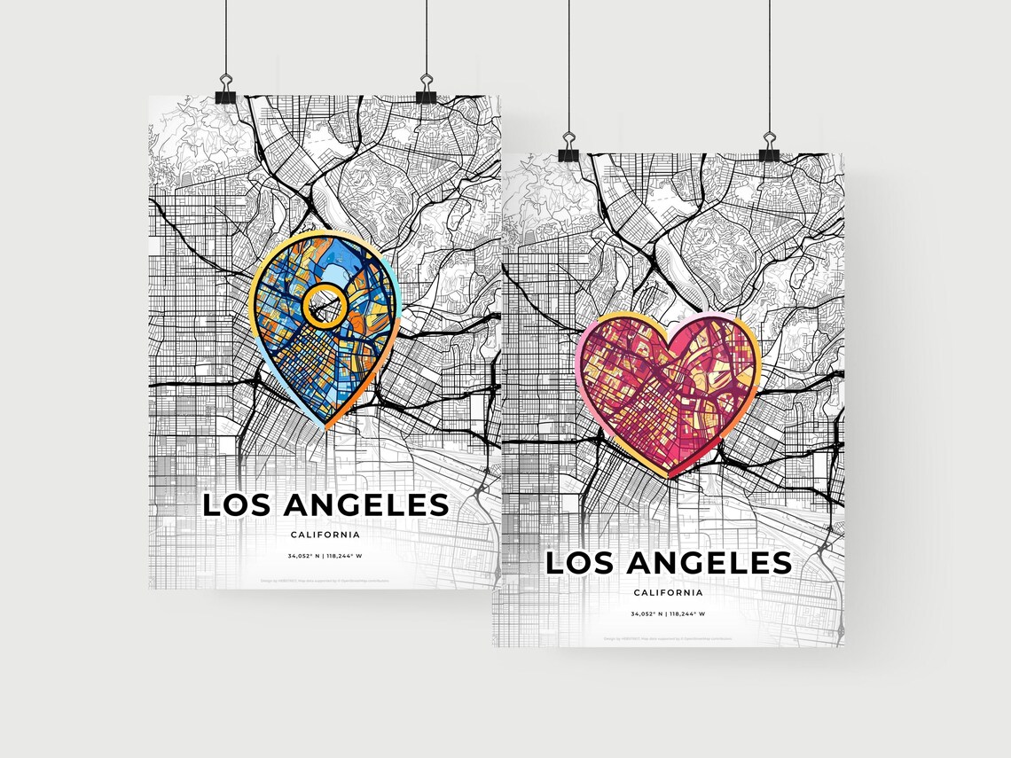Los Angeles California Minimal City Map Colorful Heart Icon Art Poster - Image 2