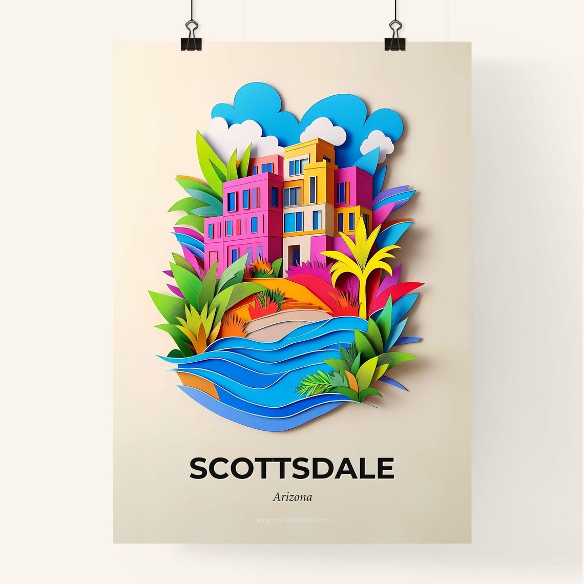 Scottsdale Arizona Palms Water Colorful Paper Cut Art Poster - Image 4