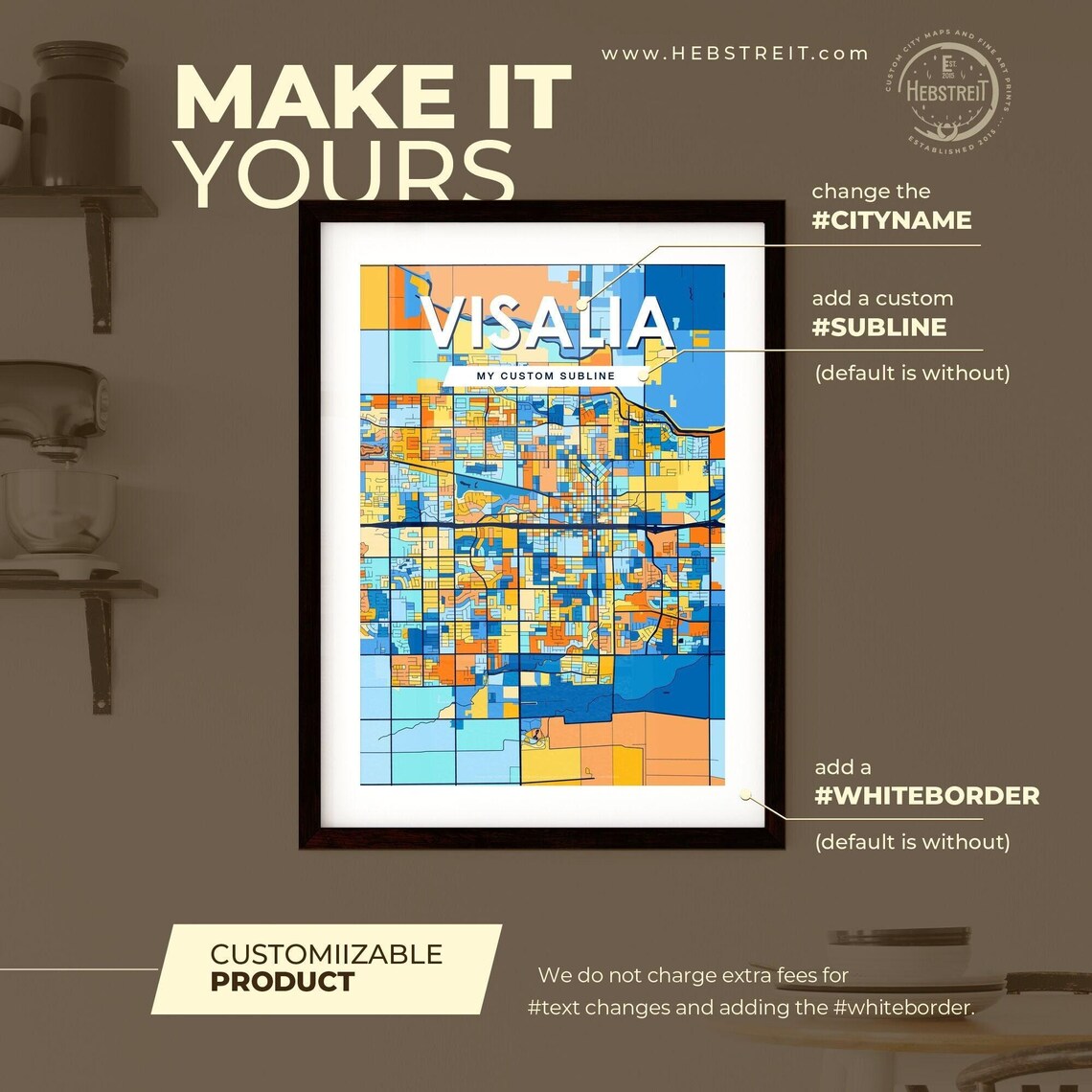 Vibrant Colorful City Map Art of Visalia California Poster for Home - Image 2