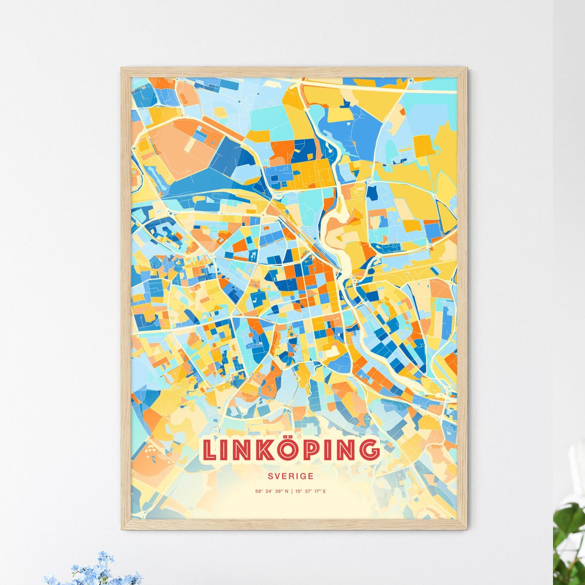 Linkoping Sweden Blue Orange Modern City Map Art Poster for Walls