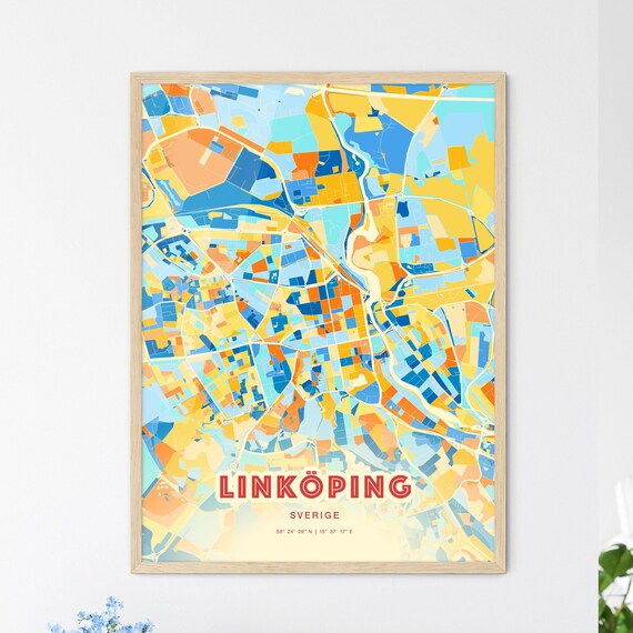 Linkoping Sweden Blue Orange Modern City Map Art Poster for Walls