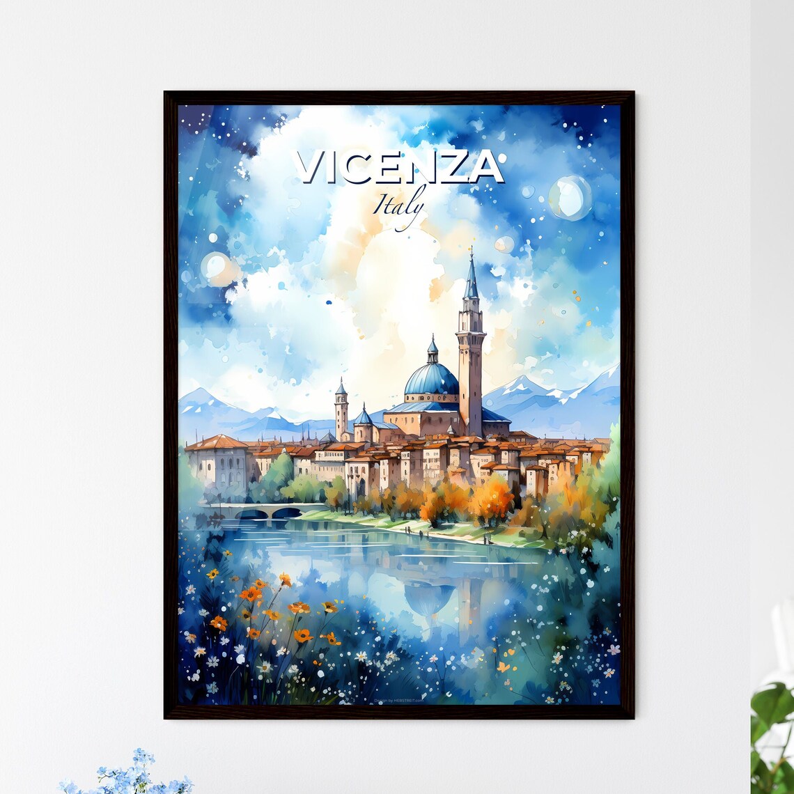 Vicenza Italy Dreamy Watercolor Cathedral Riverside Travel Poster