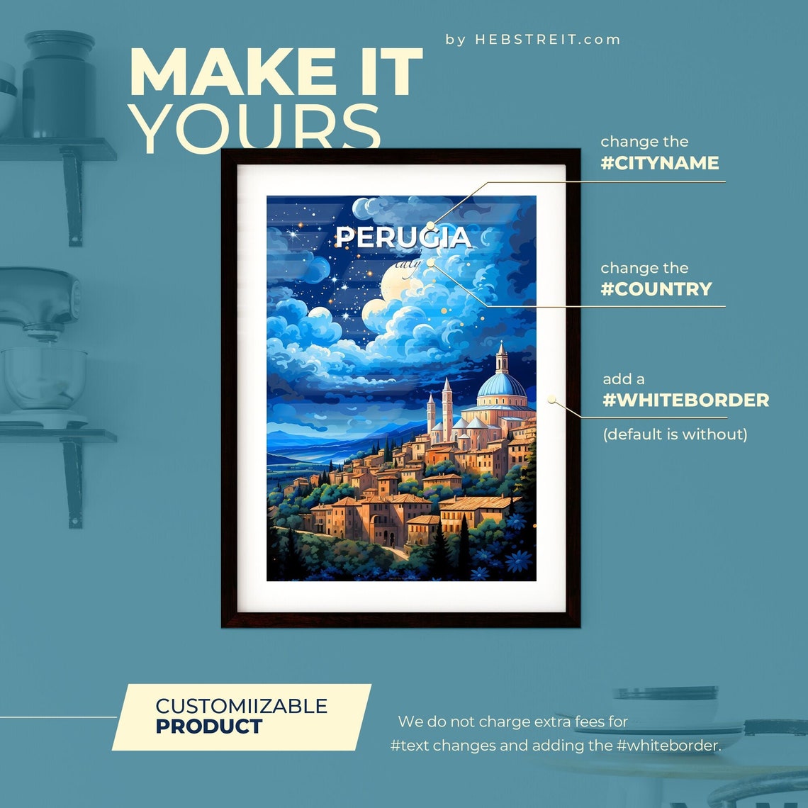 Perugia Italy Night Skyline Poster Moonlit Hill Town Cathedral Decor - Image 2