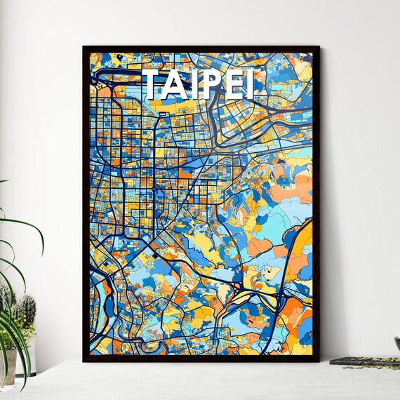 Taipei Taiwan Blue Orange City Map Poster Bold Modern Street Grid Art