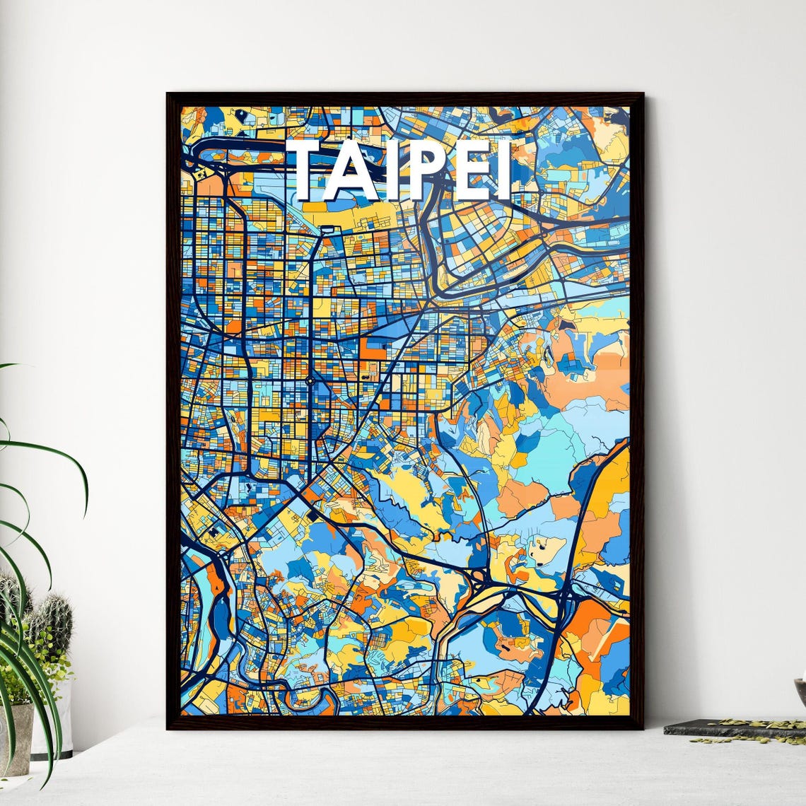Taipei Taiwan Blue Orange City Map Poster Bold Modern Street Grid Art