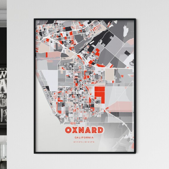 Oxnard California Modern Red Expressive City Map Poster with Coordinates