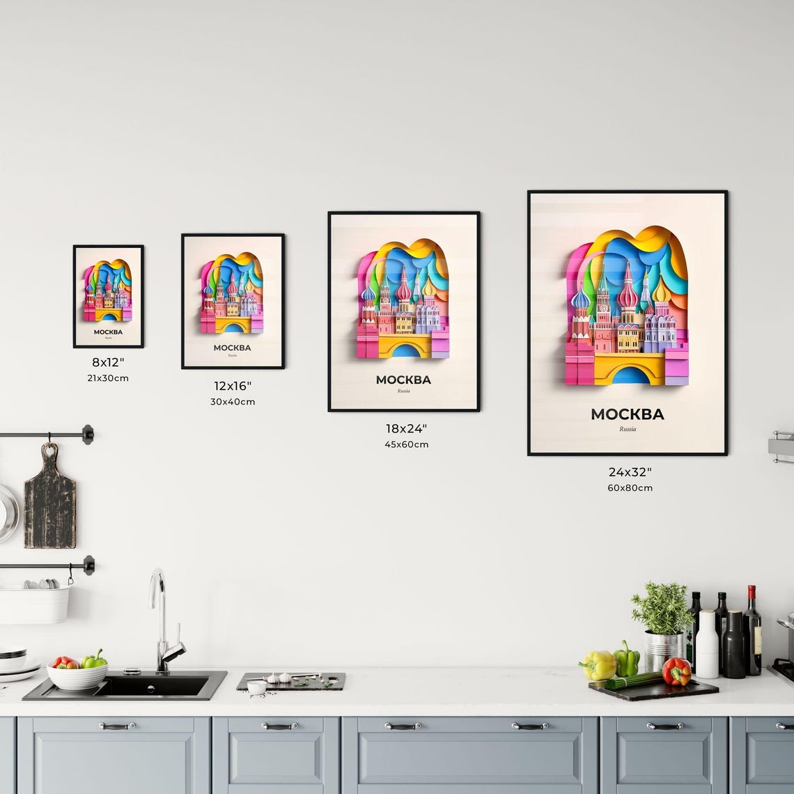 Moscow Russia Colorful Onion Domes Bridge Paper Cut Travel Poster - Image 3