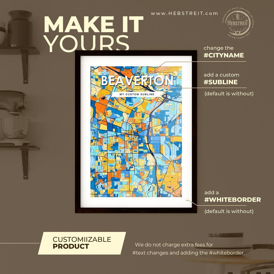 Beaverton Oregon Colorful Blue Orange City Map Mosaic Poster - Image 2