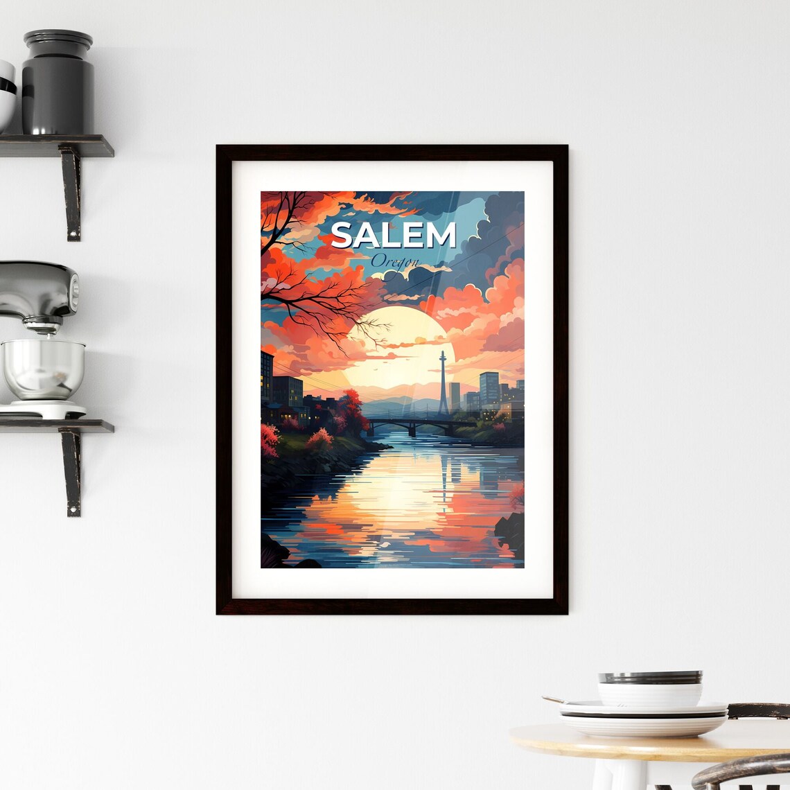 Salem Oregon Sunset River Bridge Skyline Vintage Travel Poster - Image 2