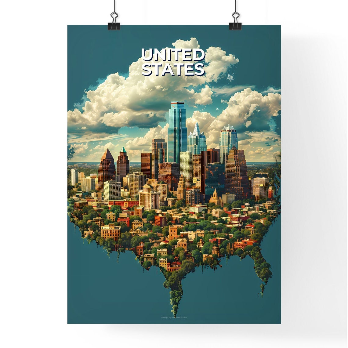 United States City Skyline Map Silhouette Urban Travel Poster - Image 4