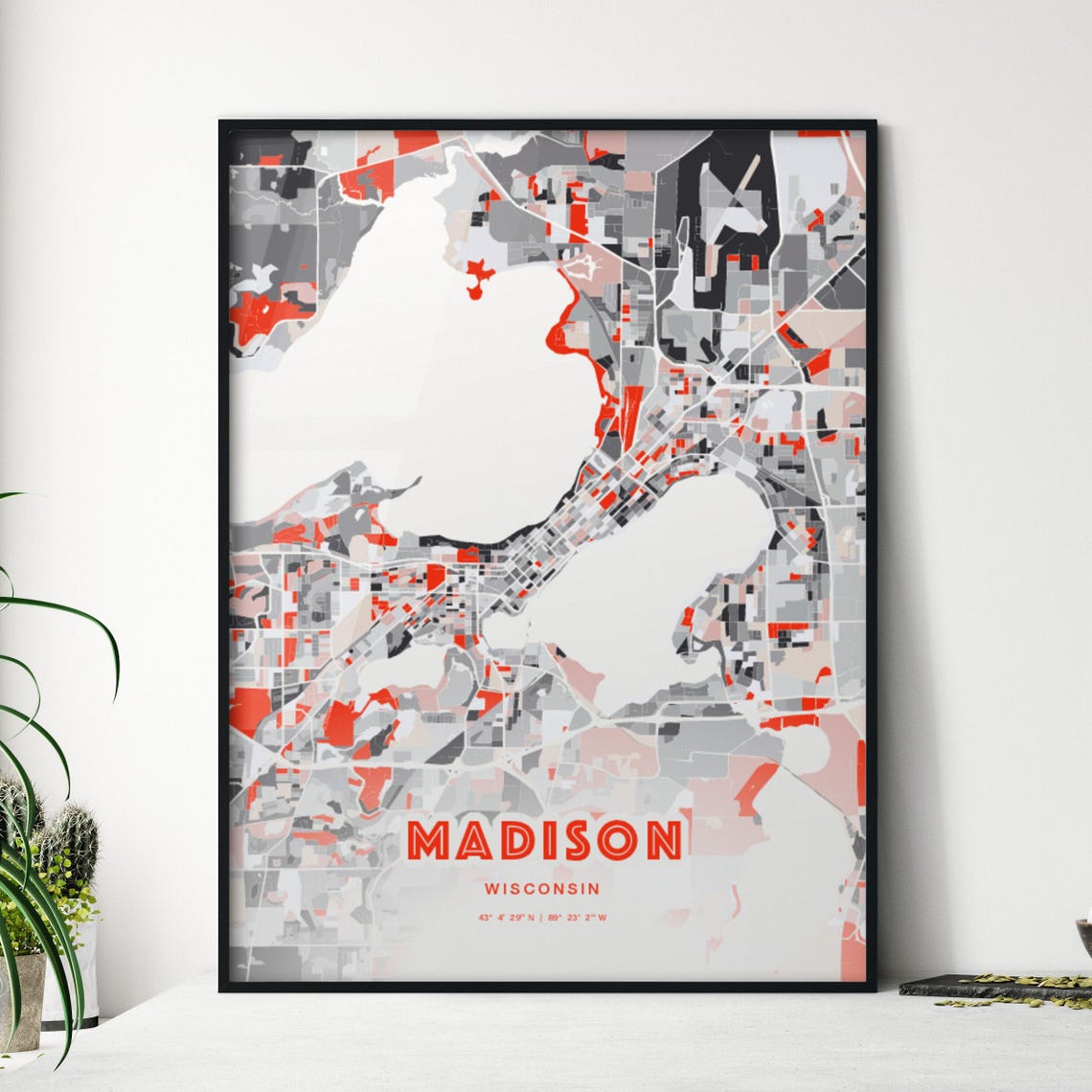 Madison Wisconsin Bold Red and Gray Modern Abstract City Map Poster