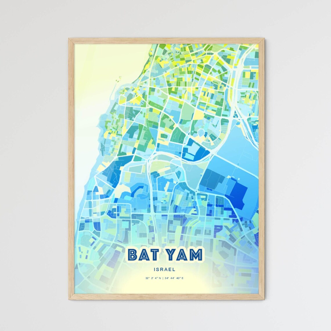 Bat Yam Israel Bluish Watercolor City Map Art Poster Wall Decor