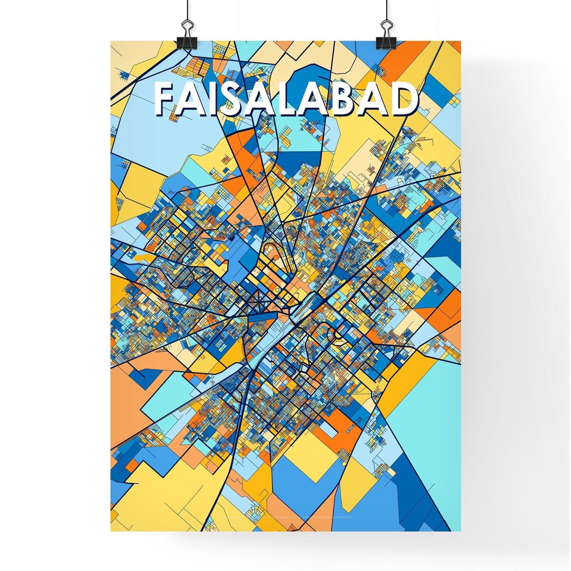 Faisalabad Pakistan Stylish Vibrant Blue and Orange Mosaic City Map Poster - Image 4