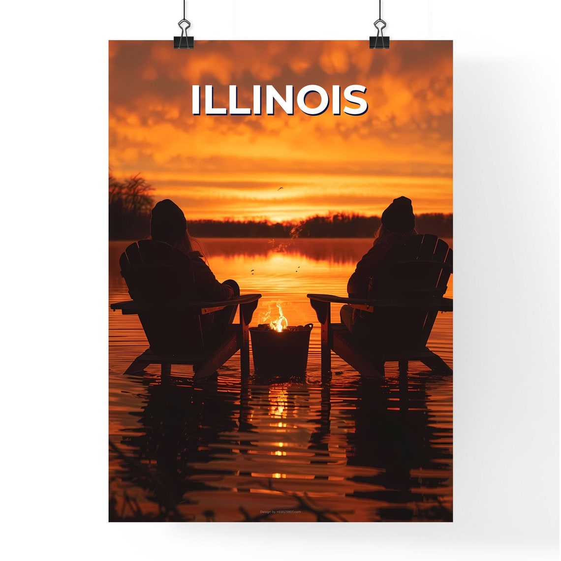Illinois Sunset Lake Fire Pit Adirondack Chairs Vintage Travel Poster - Image 4