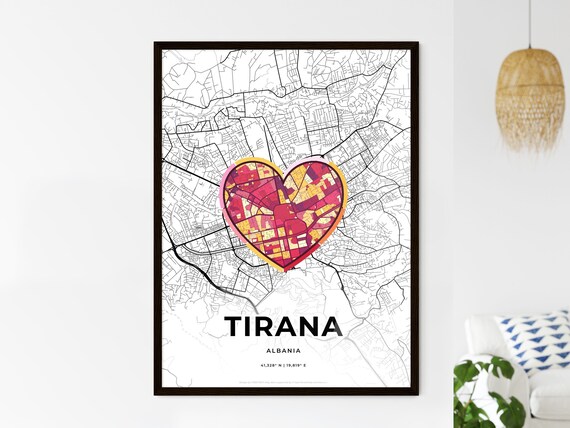 Tirana Albania Modern Minimalist Heart Street Map Art Poster