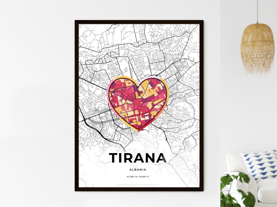 Tirana Albania Modern Minimalist Heart Street Map Art Poster