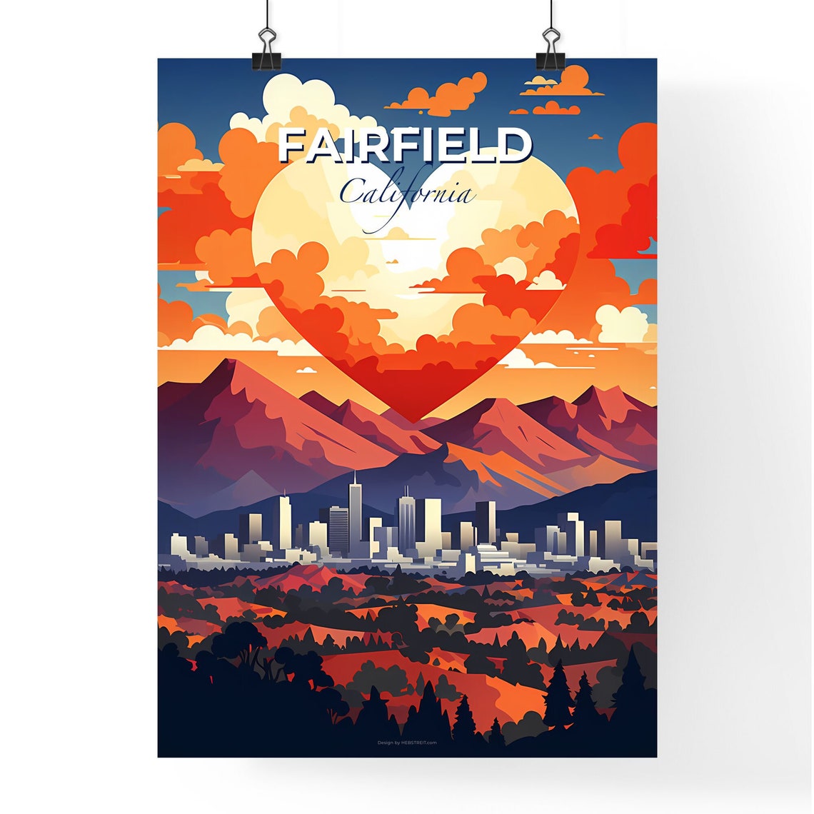 Fairfield California Heart Cloud Sunset Mountains Skyline Poster - Image 4