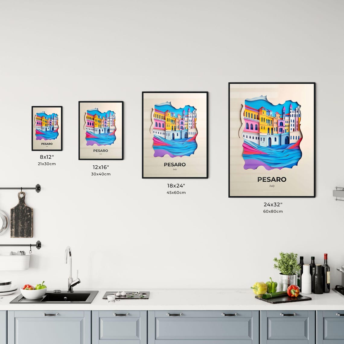 Pesaro Italy Colorful Waterfront 3D Paper Cut Coastal Town Art Poster - Image 3