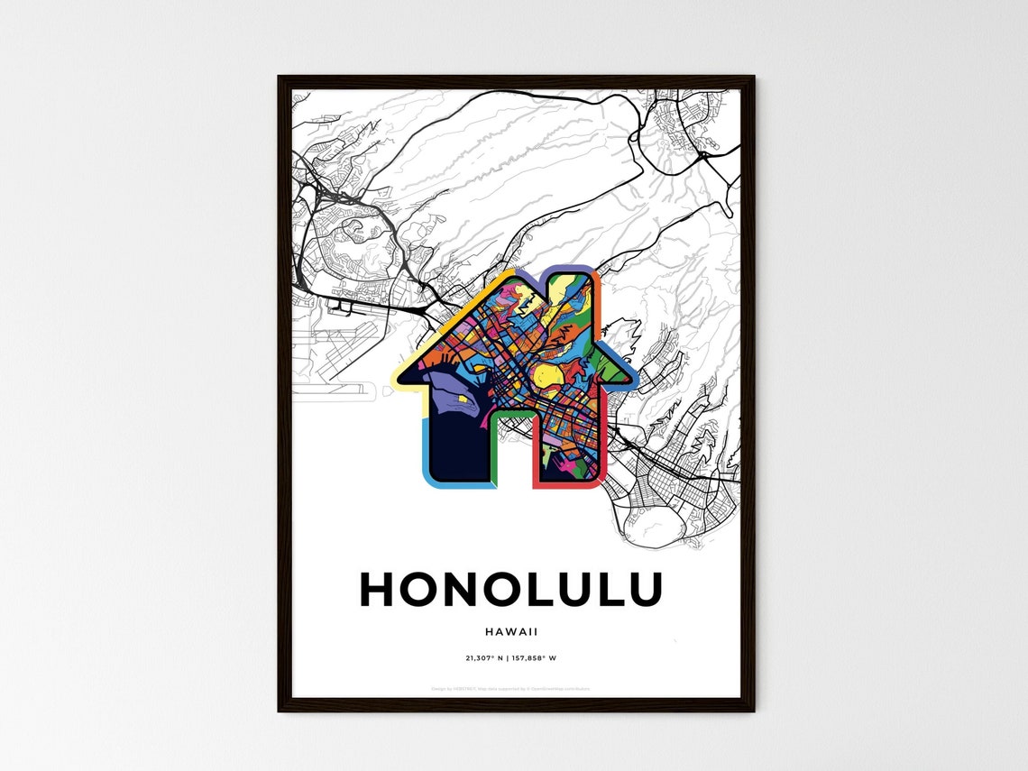 Honolulu Hawaii Minimal Map Art With Colorful Heart Icon Poster - Image 3