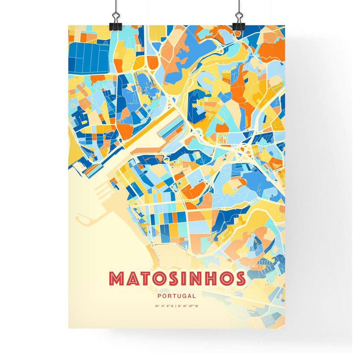 Bold Blue Orange Street Map Art Poster of Matosinhos Portugal City