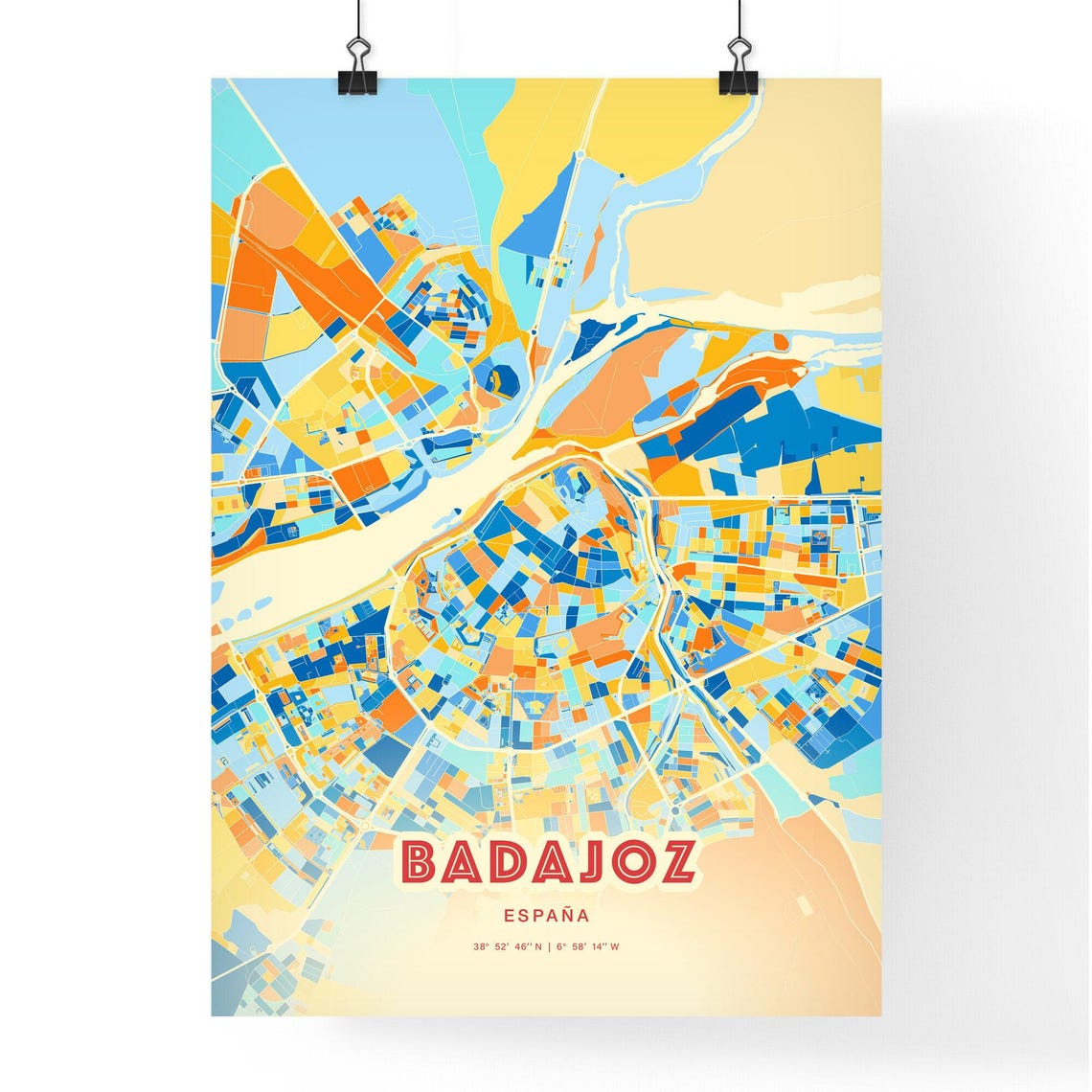 Badajoz Spain Bold Vibrant Blue Orange Mosaic City Map Poster - Image 3