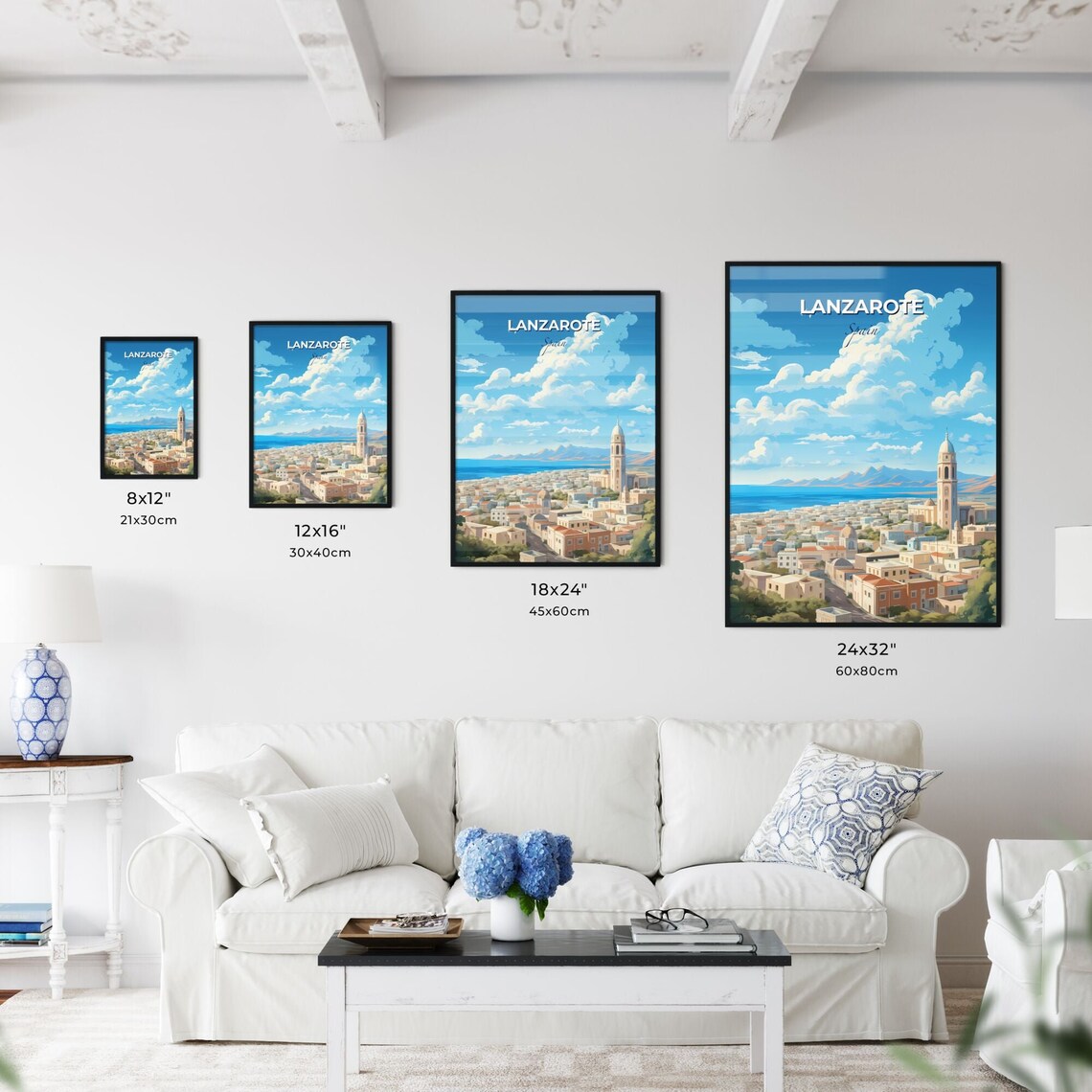 Lanzarote Spain Poster Illustrated Coastal City Church Tower Harbor Art - Image 3