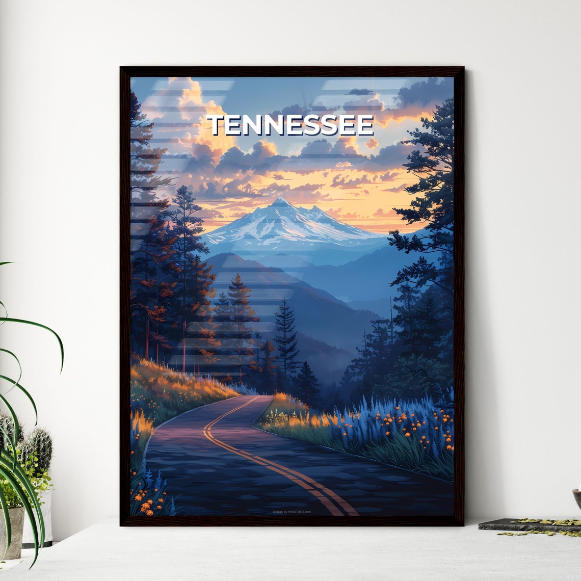Tennessee Snowy Mountain Peak Sunset Road Vintage Travel Poster Art