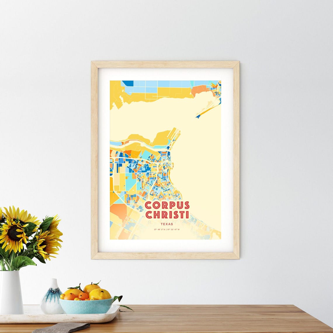 Corpus Christi Texas Blue Orange Bayfront Coastal Map Art Poster - Image 2