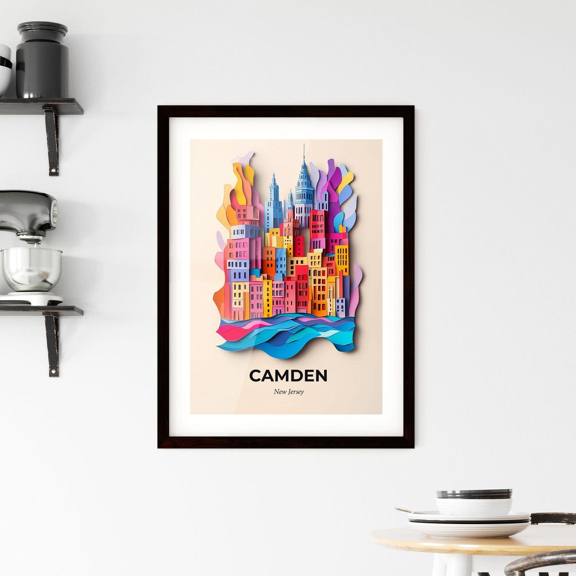 Camden New Jersey Colorful Paper Cut Skyline and River Poster - Image 2