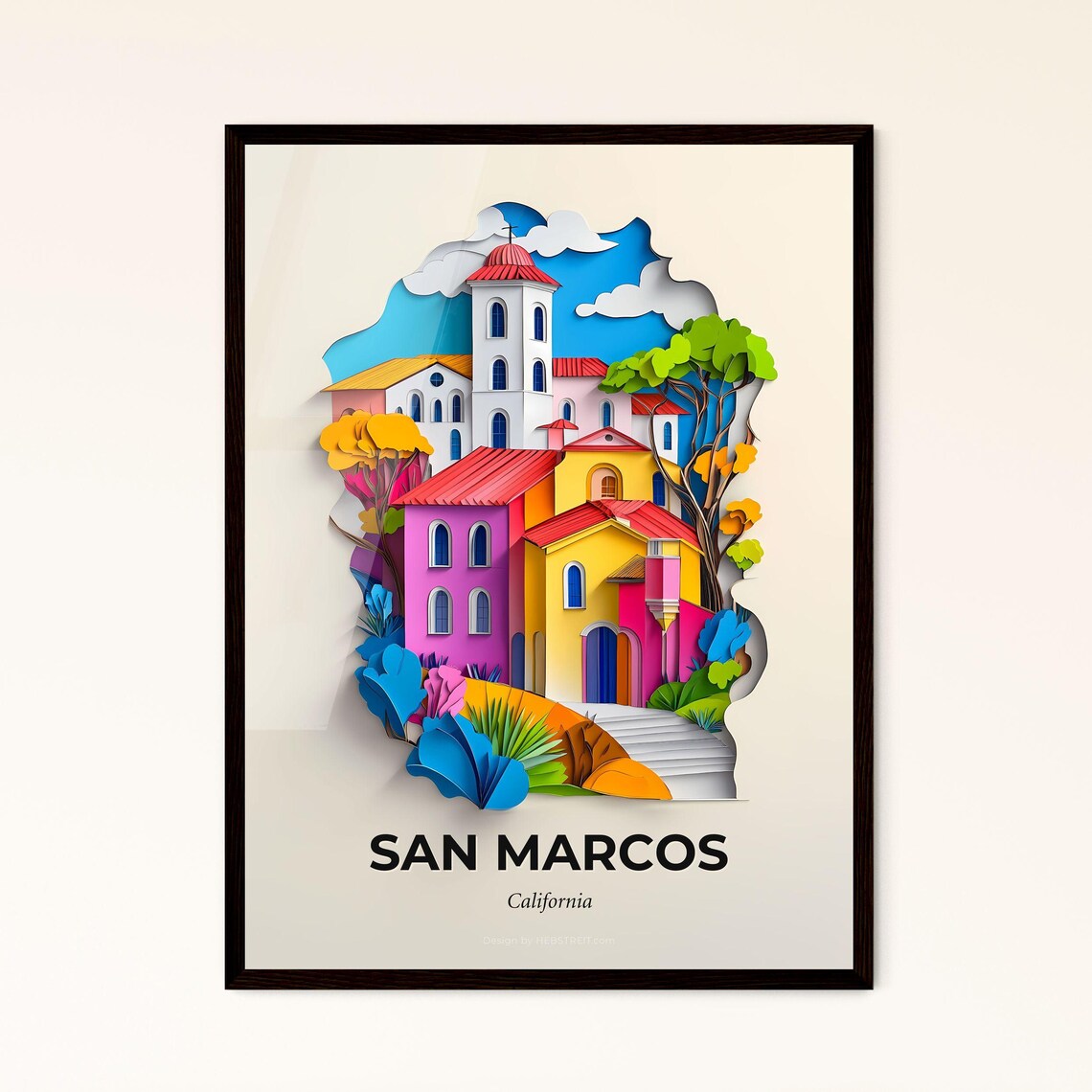 San Marcos California Colorful Paper Cut Mission Town Travel Poster