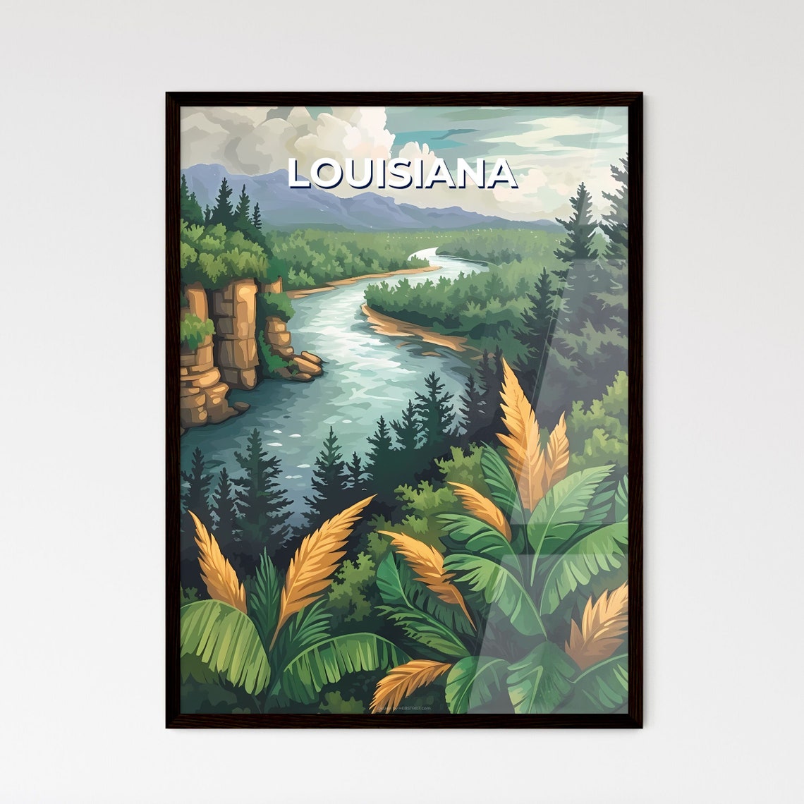 Louisiana Winding River Forest Cliffs Vintage Nature Travel Poster Art