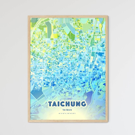 Taichung Taiwan Pastel Blue City Map Art with Coordinates Poster
